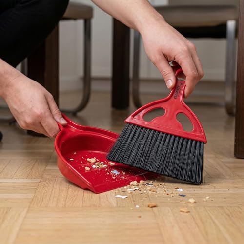 Restaurantware Mini Broom and Dustpan Set 10 Pack of Plastic Handheld Brush and Pan Compact Cleaning Kit with Ergonomic Handle Red and Black Office Desk and Home Cleaning Set