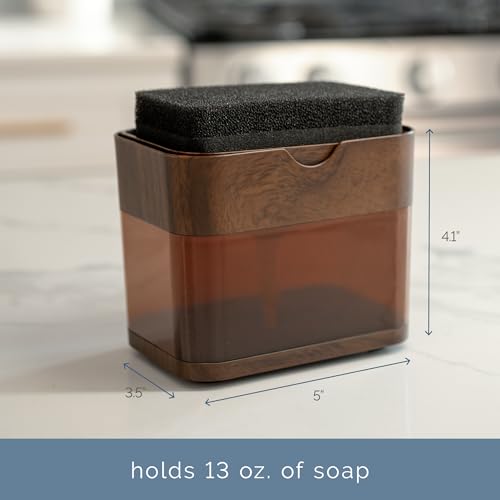 S&T INC. Dish Soap Dispenser and Sponge Holder for Kitchen Sink, Waterproof Labels and Sponge Included, 13 Ounces, Plastic, Walnut and Amber - color: Walnut and Amber