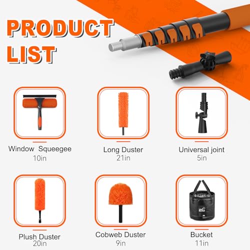 SISUPASSIE 30FT Reach High Ceiling Duster Kit, Window Cleaning kit with 5-24FT Extension Pole, Fan Duster for Ceiling Fan Blades, Microfiber Feather Duster, Window Squeegee, Bucket and Cobweb Duster - size: 24FT