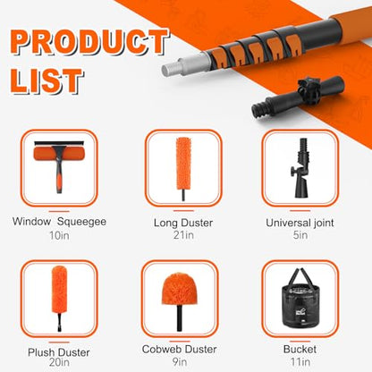 SISUPASSIE 30FT Reach High Ceiling Duster Kit, Window Cleaning kit with 5-24FT Extension Pole, Fan Duster for Ceiling Fan Blades, Microfiber Feather Duster, Window Squeegee, Bucket and Cobweb Duster - size: 24FT