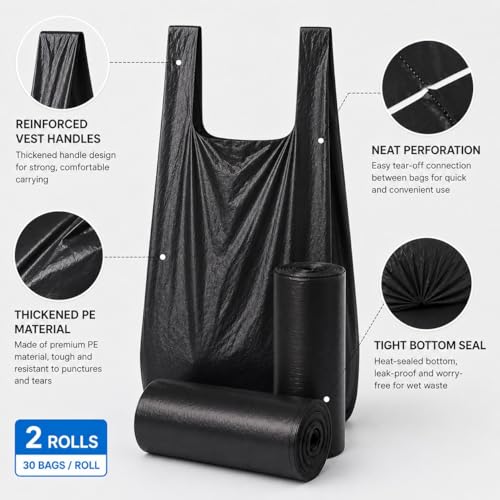 Trash Bags Small Garbage Bags with Handle 2 Rolls 60 Count Strong Kitchen Bathroom Waste Bags Leak Resistant Disposable Bin Liners Black - color: Black