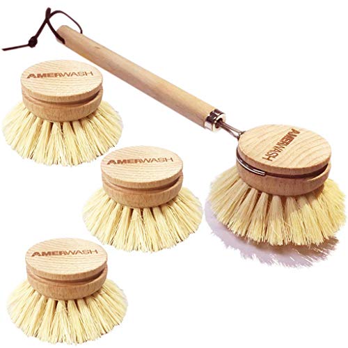 AMERWASH PLUS Dish Brush with Wooden Handle, Natural Kitchen Brush for Dishes Vegetable, Pots and Pans, Tampico Fiber Bristles Scrubber, Extra 3 Pack Replacement Head Included - size: 4 Piece Brush Set with Replacement Heads