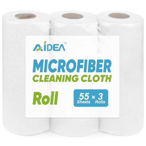 AIDEA Microfiber Cleaning Cloth Roll, Shop Towels 165 Sheets(3 Roll), Tear Away Reusable Paper Towels, White Rags for Bars, Cleaning Rags for Automotive, Mechanic, Workshops, House, 11×9" - color: White, size: 55 Count (Pack of 3)