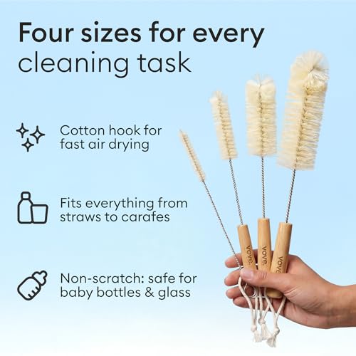 Vove Bottle Brush Set, 4 Natural Sisal Bottle Brushes with Long Bamboo Handles, Plastic-Free Bottle & Straw Cleaner Set, Zero Waste, Stainless Steel Wire, FSC Certified Bamboo, Kraft Packaging