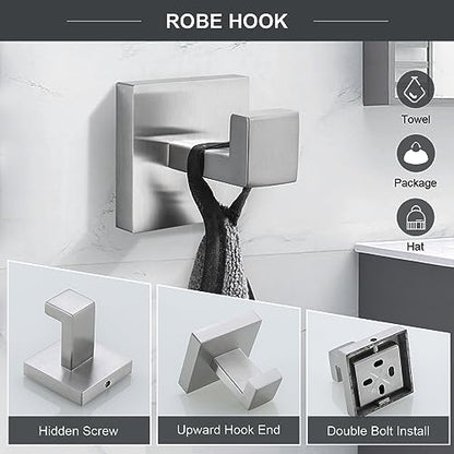 TQKAG 6-Piece Bathroom Towel Bar Sets Brushed Nickel 23.6 inch Towel Bar Stainless Steel Towel Ring Coat Hook and Toilet Paper Holder Bathroom Hardware Set Wall Mounted Bathroom Accessories Kit - color: Brushed Nickel, size: 6-Pieces Set-A