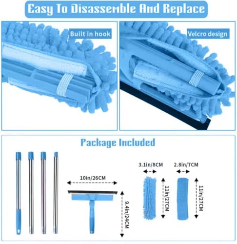 68'' Window Squeegee Cleaner Kit - 2-in-1 Rotatable Window Cleaning Tool with Extension Pole, Professional Streak-Free Squeegee with Bendable Head for Indoor/Outdoor Windows Car Glass (Blue, 38.45FT) - color: Blue