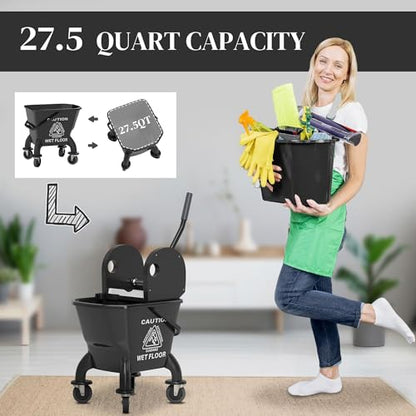 27.5qt Durable Mop Bucket Featuring Down Press Wringer on 360-Degree Swivel Bearings and Enhanced Adjustable Handle Black