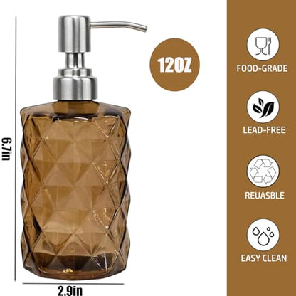 12Oz Brown Glass Soap Dispenser with Stainless Steel Pump, Refillable Kitchen Liquid Hand Soap Dispenser with Diamond Design, for Dispense Hand soap, Dish Soap, Lotion, Bathroom, Countertop, Hotel - color: Brown Diamond