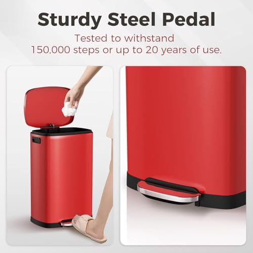 ELPHECO LPHECO Kitchen Trash Can with Lid Soft Close, 13 Gallon / 50L Stainless Steel Pedal Garbage Can, Heavy-Duty Step Wastebasket with 20 Bags, Removable Bucket, Home Office, Kitchen, Scarlet Red - color: Scarlet Red