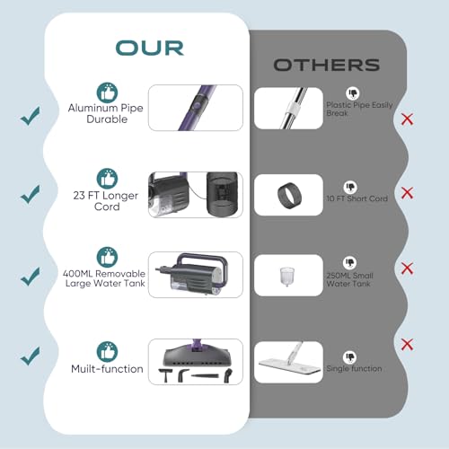 Steam Mop, Steam Cleaner with 400ML Water Tank, 2 Washable Pads, 23FT Power Cable floor steamer, Detachable Steam Mops for sealed Hard Floors, Marble, Stone, Hardwood (Lavender)