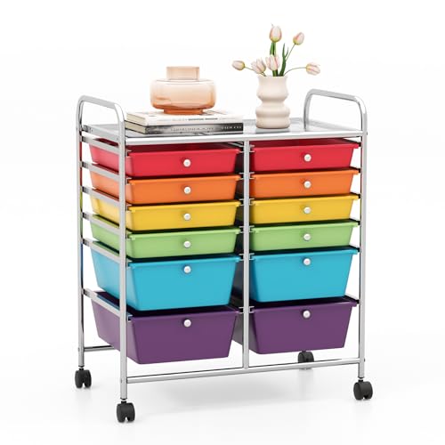 GOFLAME 12-Drawer Rolling Storage Cart, Multipurpose Organizer Cart with 2 Sizes Plastic Drawers, Mobile Utility Cart with Lockable Casters for School, Home Office, Beauty Salon, Multicolored - color: Multicolored, size: 12-Drawer-2