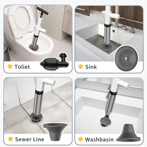 Toilet Plunger, Drain Clog Remover, Plungers for Bathroom, High-Pressure Air Drain Blaster with Real-Time Barometer Powerful Heavy Duty Toilet Snake for Sink, Floor, Kitchen Clogged - color: Matte White