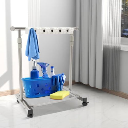 Broom Mop Holder, Movable Put Wet Mops Broom Floor Standing Cleaning Tool Rack 6 Hook and 5 Slots, Stainless Steel Cleaning Supplies Organizer for Home Schools Hospitals Factories Hotels Restaurant