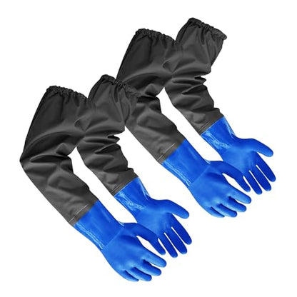 2Pair PVC Chemical Resistant Long Rubber Gloves Elbow Length,Heavy Duty Waterproof Gloves For Dishwashing Cleaning Chemical Pool Pond Acid Work, 25 Inches, Large-(Blue)