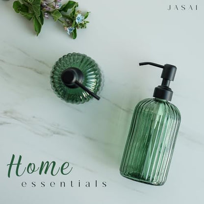 JASAI 18Oz Green Glass Soap Dispenser with Black Rust Proof Pump, Refillable Bathroom soap Dispenser with Thick Glass, Soap Dispenser Bathroom for Kitchen Dish soap, Hand Soap, Lotion, Body Wash. - color: Forest Green (Black Pump)