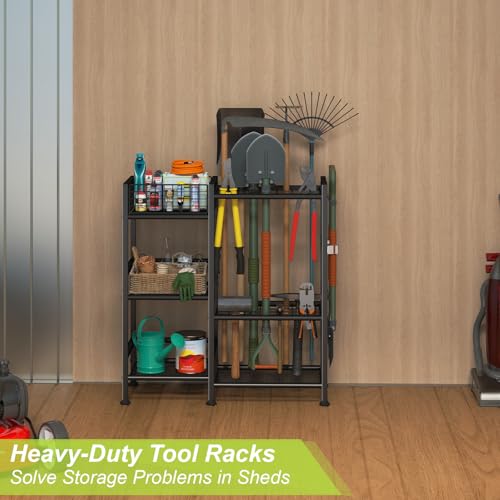 keomaisyto Garden Tool Organizer With Basket - 3 Tier Yard Storage Rack for Garage Organization, Heavy Duty Holder With 35 Long-Handled Slots for Shed, Yard, Garage - size: XL-29.5"W x 12"D x 31.2"H