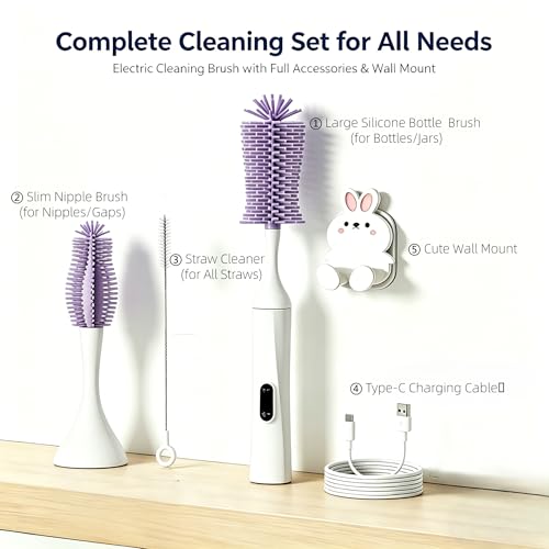 Rechargeable Electric Bottle Brush with 2 Speeds Powerful Automatic Bottle Cleaner,BPA-Free Silicone Spinning Design, Wall Mount & Straw Cleaner,Suitable for Baby Bottles & Kitchen (White+Purple) - color: White+purple