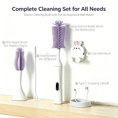 Rechargeable Electric Bottle Brush with 2 Speeds Powerful Automatic Bottle Cleaner,BPA-Free Silicone Spinning Design, Wall Mount & Straw Cleaner,Suitable for Baby Bottles & Kitchen (White+Purple) - color: White+purple