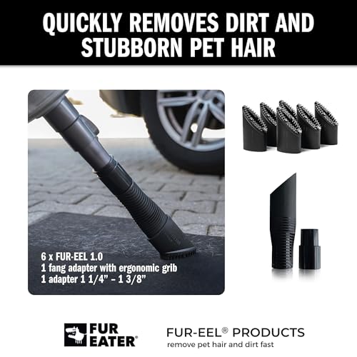 FUR-EEL PRO 1.0 Pet Hair Vacuum Attachment, Rubber Pet Hair Remover, 6 kit | for Car Detaling, Removes Dog Cat Hair, Dirt, rubber bristle fits 1-1/4, 1-3/8, 1-1/2 in Round Hoses, Fang Handle & Adapter - color: Refill x2, Fang, Adapter