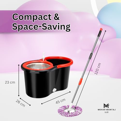 Spin Mop & Bucket Set with 2 Microfiber Mop Heads – 360° Rotating Stainless Steel Handle, Telescopic Pole (90–120cm), Hands-Free Cleaning System – Multi-Surface Floor Mop for Home & Office