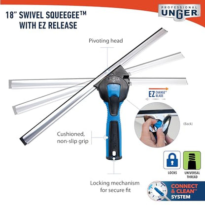 Unger Professional Connect and Clean 18” Swivel Window and Glass Cleaning Squeegee with EZ Change, Large Surfaces with Streak-Free Results, Swiveling Head for Corners and Edges, Rubber Replacement - size: 5", style: Swivel Squeegee II