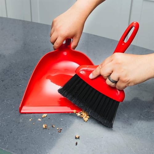 Whisk Broom and Dustpan Set, Red Handle with Black Bristles, Cleaning Combo