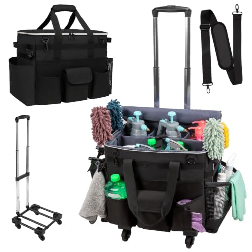 Large Rolling Cleaning Caddy with Wheels, Cleaning Supplies Organizer with Detachable Trolley, Water-resistant Cleaner Cart for Housekeepers, Multi Pocket Cleaning Cart with Shoulder Strap, Black - color: Black, size: Rolling Cleaning Bag
