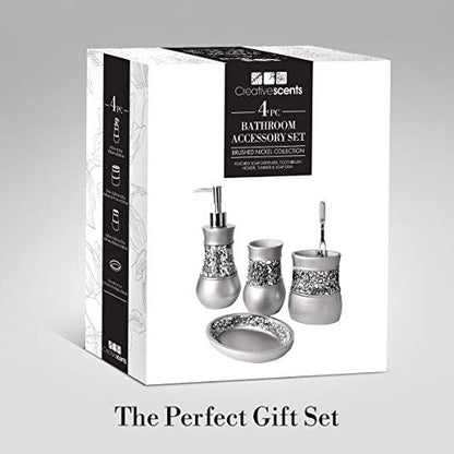 Creative Scents Crackled Glass Silver Bathroom Accessory Set – 4-Piece Vanity Set Includes: Lotion Soap Dispenser, Toothbrush Holder, Tumbler, and Soap Dish - style: 4 Pc Set