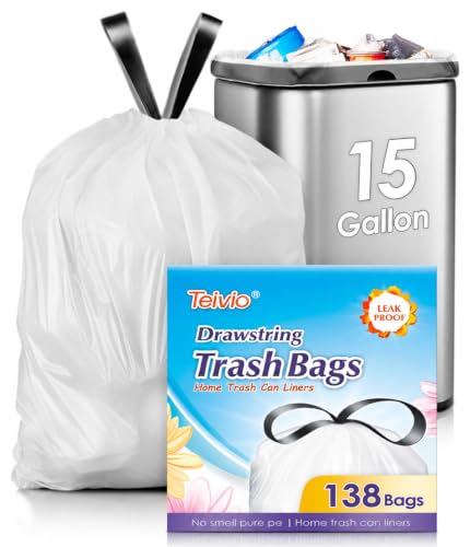 15 Gallon 138 Counts Strong Drawstring Trash Bags Garbage Bags by Teivio, Bathroom Trash Can Bin Liners, Plastic Bags for home office kitchen, White - style: 138-15Gallon-White