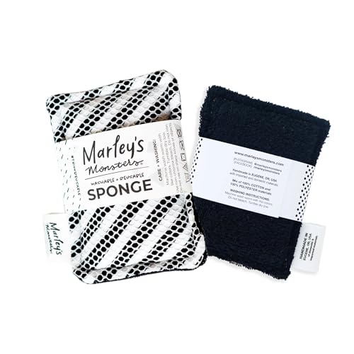 Marley's Monsters Washable Sponge – Reusable Eco-Friendly Scrubber – Dual-Sided for Gentle Cleaning or Heavy Duty Scrubbing – 4" x 5.5" Handmade in USA(Surprise Prints/Black Back) - color: Surprise Prints / Black