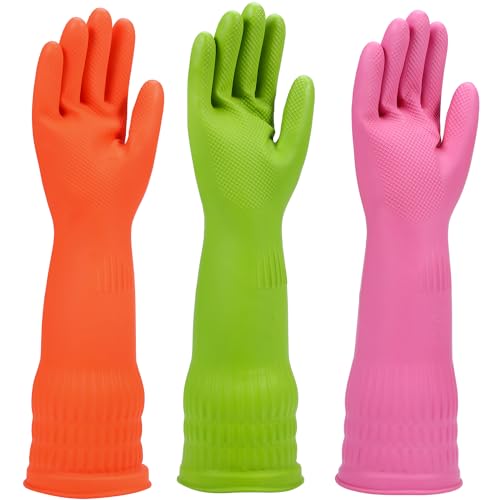 Rubber dishwashing gloves 3 or 6 Pairs for kitchen,Cleaning washing dish gloves long for household reuseable durable. - color: Multicolor, size: Small(Pack of 6)