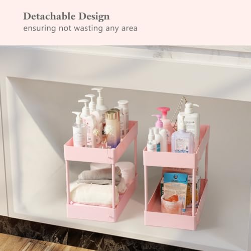 danpinera Slim Storage Cart, 3 Tier Narrow Rolling Cart on Wheels Bathroom Organizer with Dividers Handle Hanging Cups Hooks for Laundry Room Kitchen Small Spaces, Pink - style: 3 Tier Pink