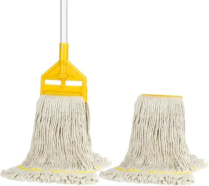 Commercial Mop Industrial Cotton Mop with Extra Replacement Head,Looped-End Heavy Duty String Wet Mops with Long Handle for Home,Garage,Office, Workshop, Warehouse Floor Cleaning - size: 1x Industrial Mop with Handle + Extra Head