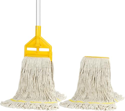Commercial Mop Industrial Cotton Mop with Extra Replacement Head,Looped-End Heavy Duty String Wet Mops with Long Handle for Home,Garage,Office, Workshop, Warehouse Floor Cleaning - size: 1x Industrial Mop with Handle + Extra Head