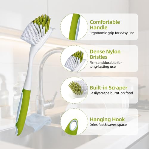 Dish Brush Scrub Brush with Handle - 3 Pack Stiff Bristles Dish Scrubber for Cleaning Dishes, Pots, Pans, Sink, Cast Iron - Hard Bristles,No Residue - color: Yellow-green, Gray, Light Blue