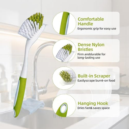 Dish Brush Scrub Brush with Handle - 3 Pack Stiff Bristles Dish Scrubber for Cleaning Dishes, Pots, Pans, Sink, Cast Iron - Hard Bristles,No Residue - color: Yellow-green, Gray, Light Blue