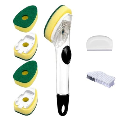 Dish Brush with Soap Dispenser, Dish Scrubber with Handle, Kitchen Sponge Brush for Washing Dishes Pots