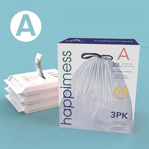 happimess 8 Gallon (30L) Drawstring Trash Bags, Unscented, Clear, Heavy Duty LDPE Liners for Kitchen and Household, Custom Fit 120 Count (6 Packs of 20 Liners) HPM3000A-C-6SET - color: Clear, size: 120 Count (Pack of 1)