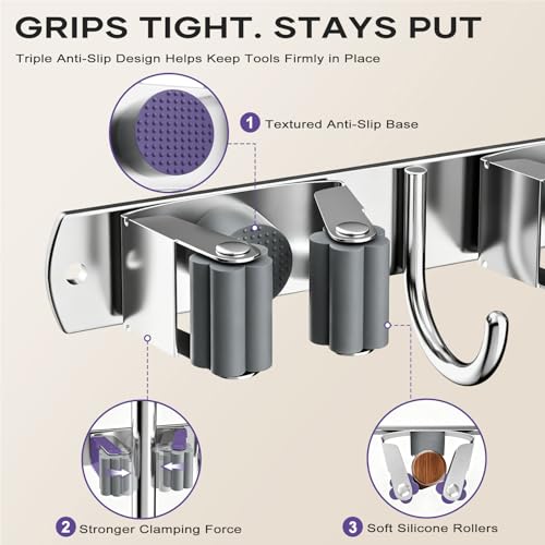 Broom Mop Holder Wall Mount, Heavy Duty Stainless Steel Mop Organizer with 5 Clamps and 4 Hooks, Wall Mounted Cleaning Tool Storage Rack for Home, Garage, Laundry Room and Garden