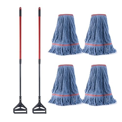 Matthew Residential&Commercial Mop 2 Set&2 Replacement Heavy Duty Industrial Mops w/Adjustable Side-Gate Handle(Quick-Change Gripper) Looped-End String Wet Cotton Mop for Home,Office,Warehouse