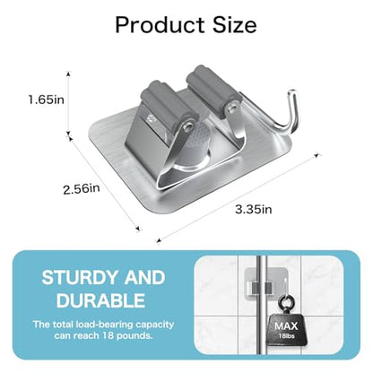 nacena 4 Pack No Drill Self Adhesive Broom Mop Holder Wall Mount with Hooks, Heavy Duty Stainless Steel Organizer for Kitchen Bathroom Garage Storage,Silver - color: Brushed Nickel-4 Packs