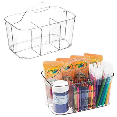 mDesign Plastic Portable Craft Storage Organizer Caddy Tote, Divided Basket Bin w/Handle - Craft, Sewing, Art Supplies - Holds Brushes, Colored Pencils - Lumiere Collection - Clear, 2 Pack - color: Clear, size: Pack of 2