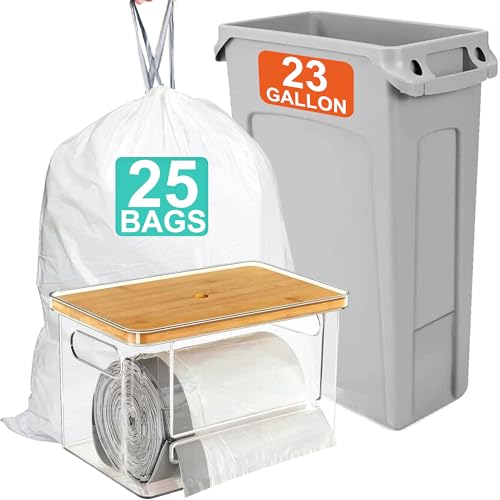 23-33 Gallon Trash Bags with Clear Trash Bag Dispenser | Heavy Duty 1.2 Mil THICK 25 Count with Reinforced Drawstring Compatible with Rubbermaid Brute 23 Gallon Slim Jim & 30, 32, 33 Gallon Trash Can - color: 25 Count