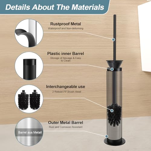 BGL Toilet Brush and Holder Set, Heavy Duty 304 Stainless Steel, Round Base and Long Handle for Bathroom Deep Cleaning, Drip-Proof, Space Saving for Storag, Black - color: Matte Black