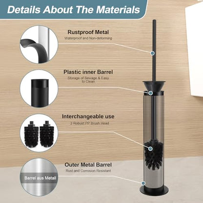 BGL Toilet Brush and Holder Set, Heavy Duty 304 Stainless Steel, Round Base and Long Handle for Bathroom Deep Cleaning, Drip-Proof, Space Saving for Storag, Black - color: Matte Black