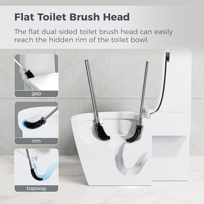 Sineng Silicone Toilet Brush and Holder Set, 2Pack Stainless Steel Toilet Cleaning Brush, One-Piece Long Handle, Flexible Compact Modern RV Toilet Bowl Brush for Bathroom - color: Stainless Steel