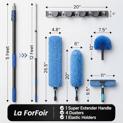 20ft High Ceiling Duster Kits with 5-12ft Heavy Duty Extension Pole - Fan Blade Cleaner, Cobweb Remover & Blue Window Squeegee Kit, Washable Dust Brush for High Roof and Glass Surfaces - size: 12FT