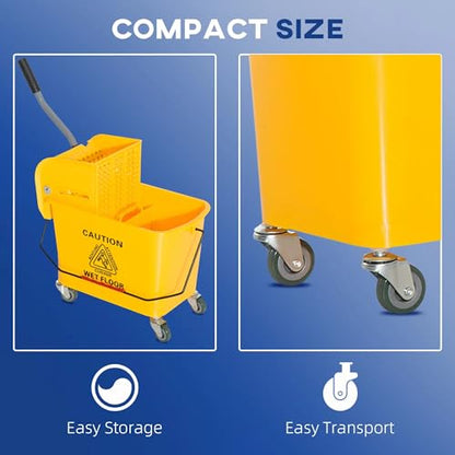 21 Quart Mop Bucket with Wringer on Wheels, Dual Water Cleaning Bucket with Separate Dirty and Clean Water, Rolling Commercial Floor Cleaning System (Yellow) - color: Yellow