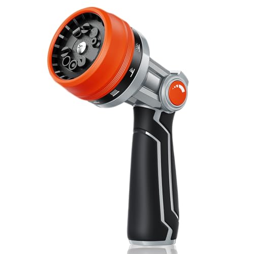 RAINPOINT Full-Metal Garden Hose Nozzle, Heavy Duty Water Hose Nozzle Sprayer With 10 Adjustable Patterns & High Flow,Thumb Control For Flow Adjustment, Ideal For Watering, Washing, Cleaning,Orange - color: Orange
