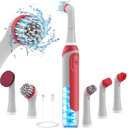 kHelfer Rechargeable Electric Grout Brush, IPX7 Waterproof & Stainless Steel Wire Power Brush, Cordless Cleaning Brush & 5 Replacement Heads for Tile Grout Crevice - color: Red & Grey